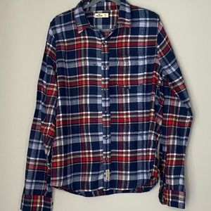 Mens Hollister Flannel Blue Red Beige Plaid Button Down Top size XL
